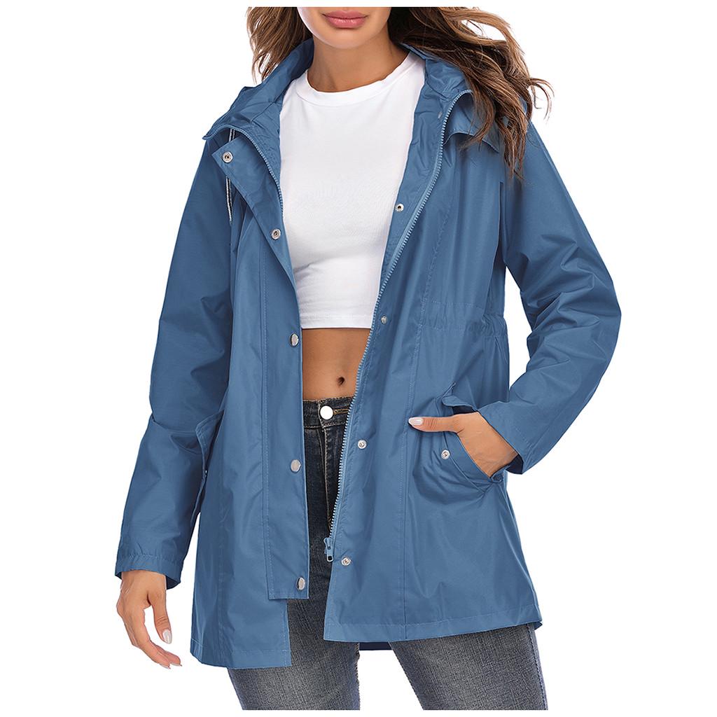 Women Hooded Waterproof Zipper Mid-length Windproof Waterproof Raincoat Jacket