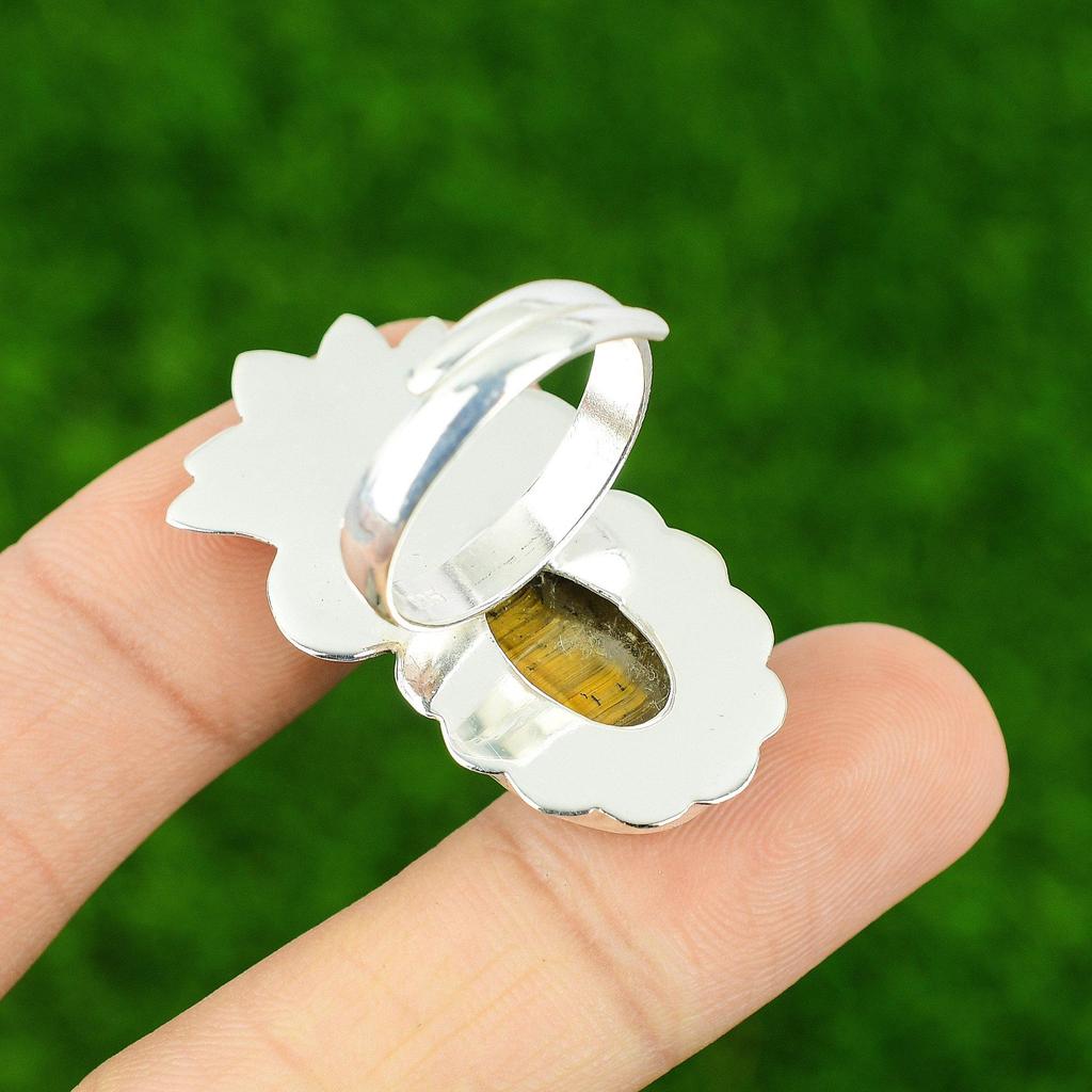 Sterling Silver Sacral Chakra Natural Tiger's Eye Trendy Statement Ring Jewelry