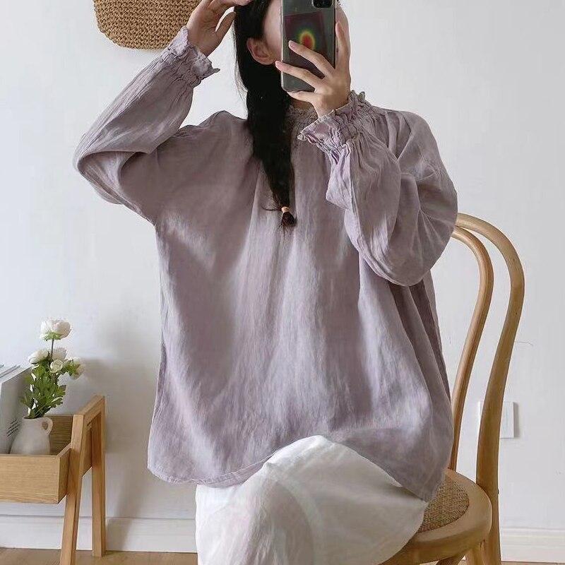 Johnature Linen Simple Women Tops Shirts Autumn Solid Color Loose Pullover Ruffles Sleeve Female Blouses