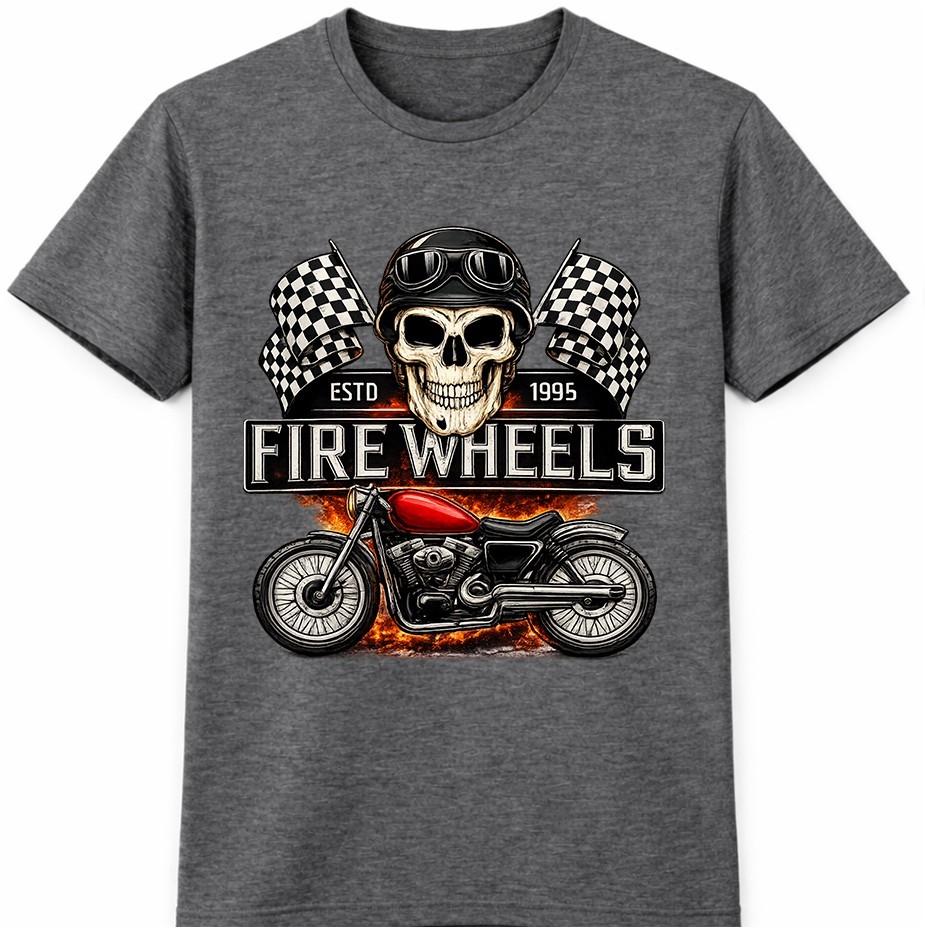Motorcycle T Shirt Fire Wheels Skull Rider Biker Vintage Racing Graphic Tee