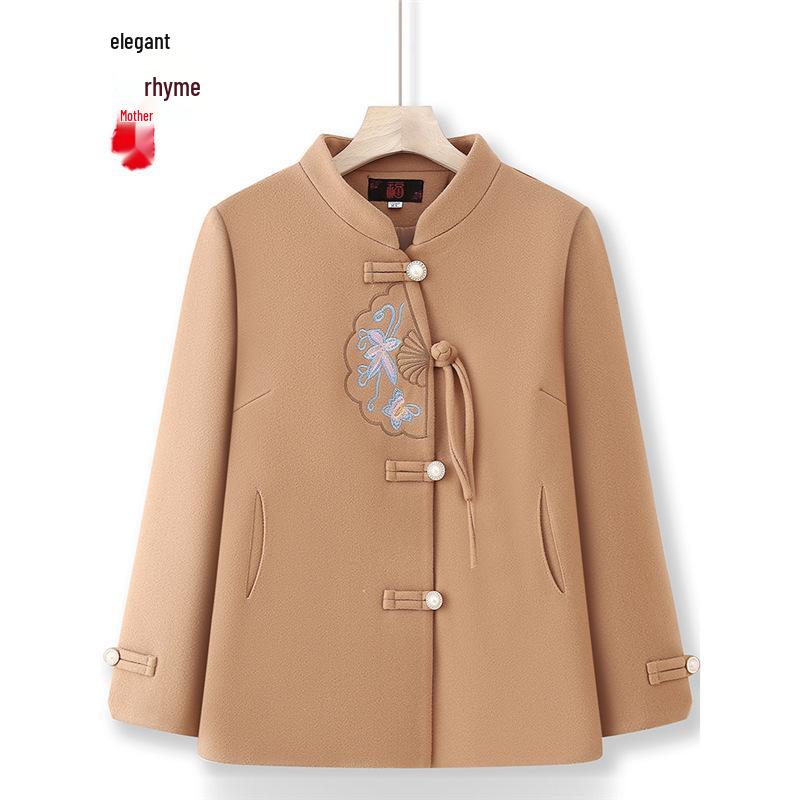 Elegant Embroidered Woolen Coat for Middle-Aged & Elderly Women – Spring & Autumn Fashion