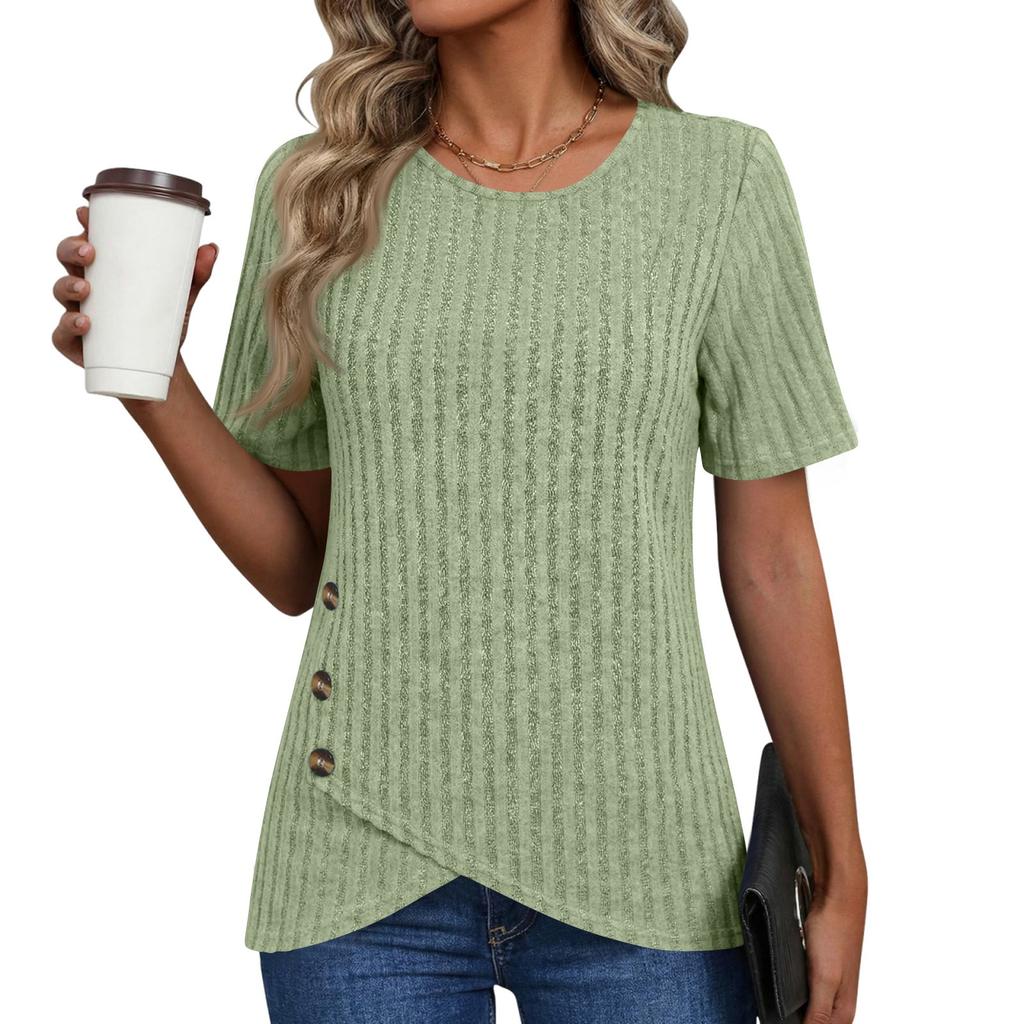 Women Short Sleeve Ribbed Knit Top Button Detail Round Neck Asymmetric Hem Casual Blouse Lightweight Soft Fabric