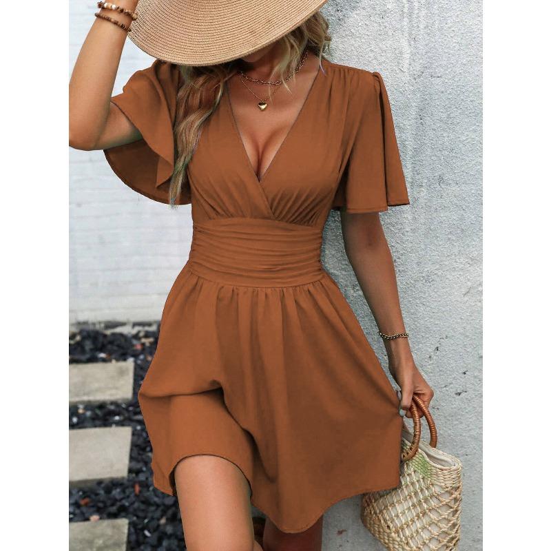 QICED Fashion Summer Spring Solid Color Print V-Neck Short Sleeve Casual Dresses
