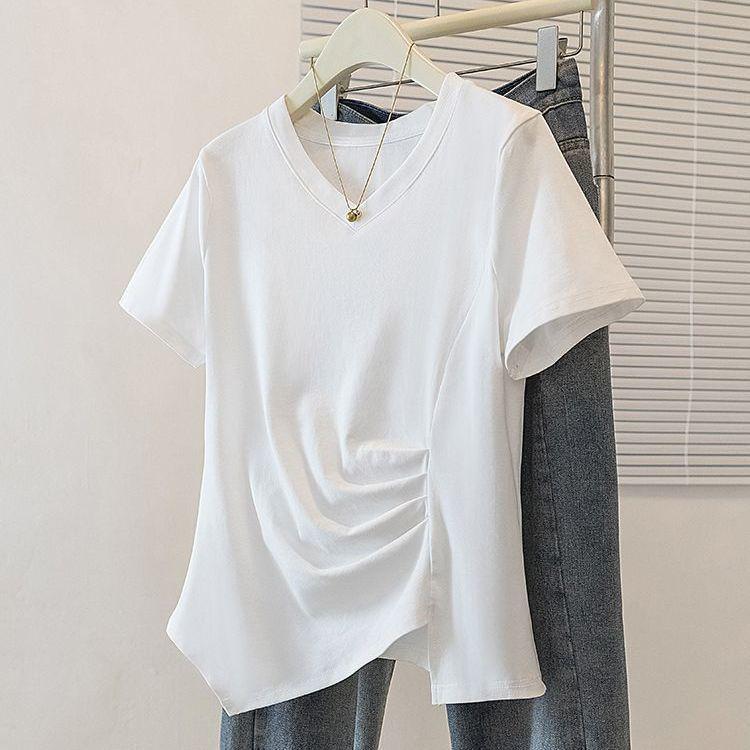 

Women s Korean-Style Pleated Short-Sleeve T-Shirt, Plus Size, Slimming, Flaw-Hiding, Summer Fashion XL (suggested 121-140 lbs) белый