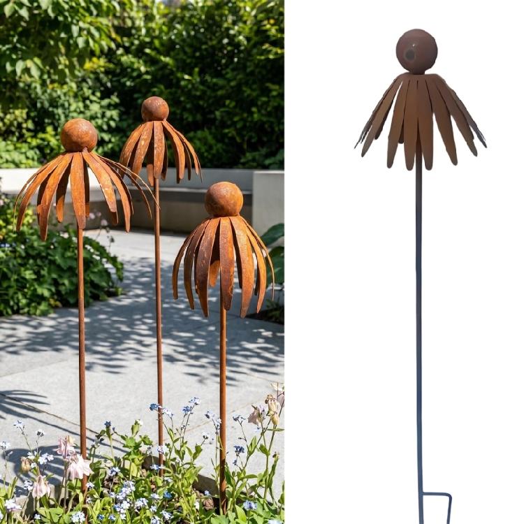 Iron Echinacea Garden Ornaments Rusty Plant Sculpture Easyly Install Outdoor Decorative Stake