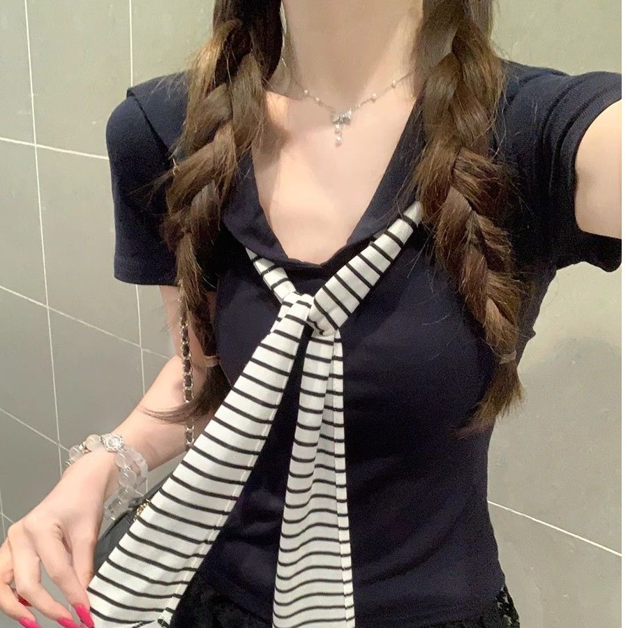 

Футболка в стиле колледжа с темно-синей лентой на воротнике для женской летней моды, высококлассный и нишевый топ One size королевский синий