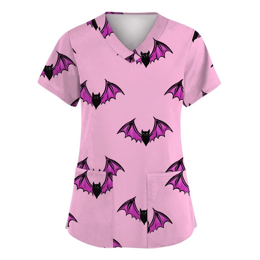 Damenmode Kurzarm Halloween Bedruckt V-Ausschnitt Tasche Arbeitskleidung Tops