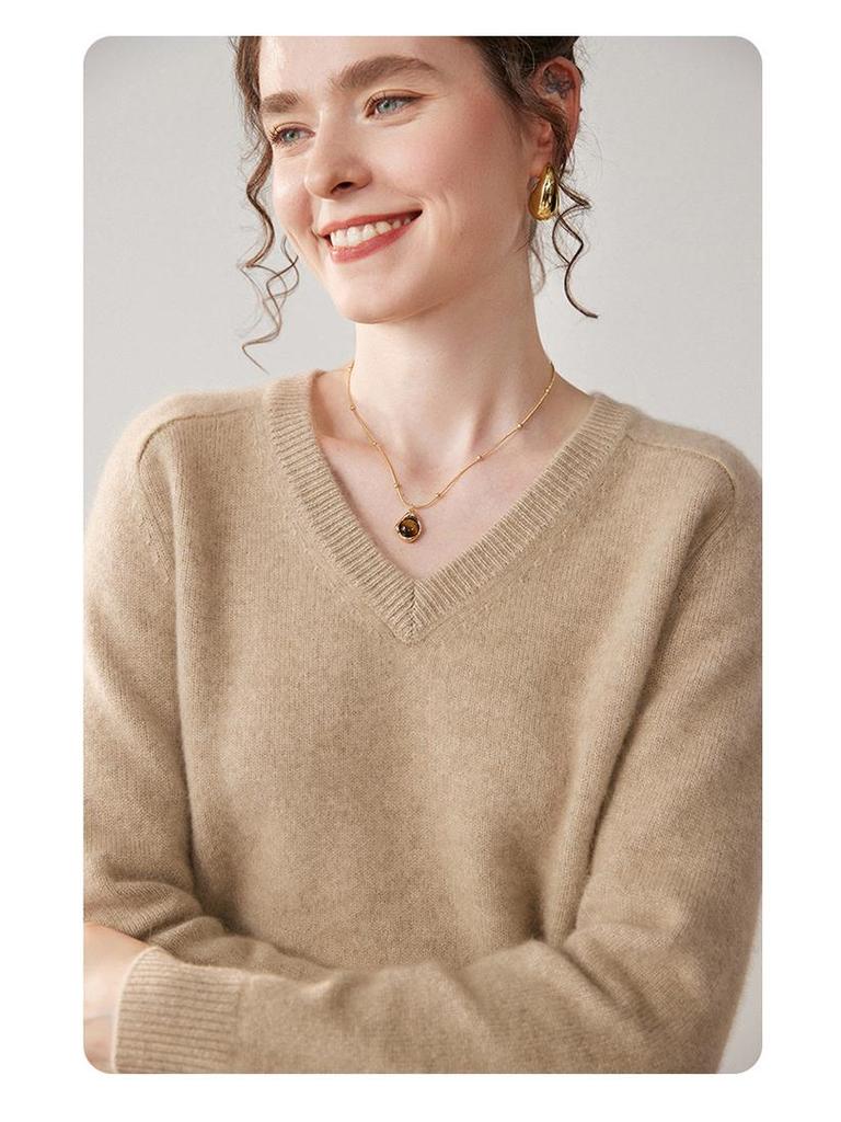 Women's V-Neck Loose Knit Cashmere Sweater - Autumn/Winter Style, Thick Long Sleeve, Slimming and Fashionable