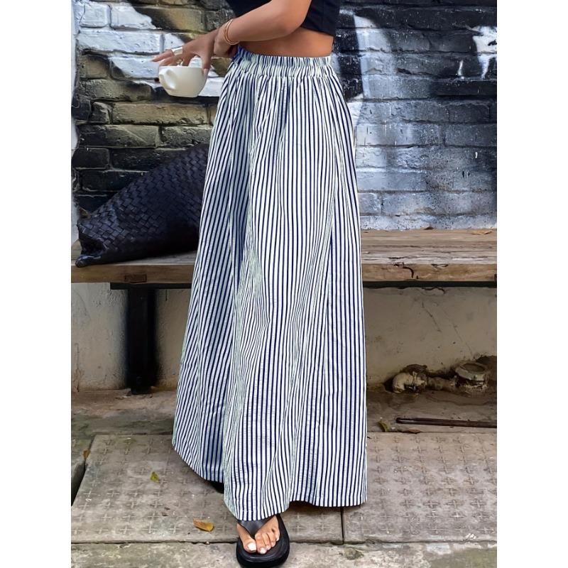 Fashion Striped Elastic Waist Straight Leg Wide Leg Pants Women Elegant Casual Loose Long Pants Spring Autumn Printed Simple Clothing