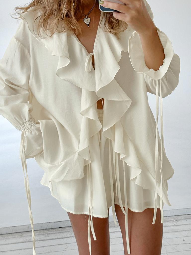 Spring Autumn French Sweet Loose Ruffles Lace Collar Two Piece Set Women's Outfit