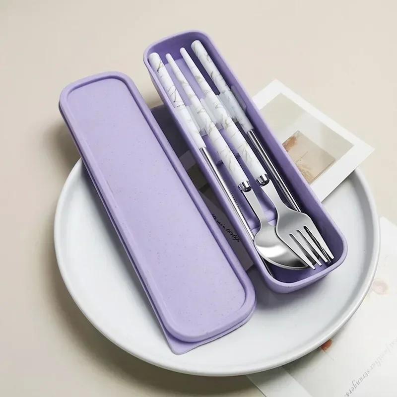 3Pcs/Set Portable Cutlery Set With Box Spoon Fork Chopsticks Set Stainless Steel Lunch Tableware Dinnerware Kitchen Accessories