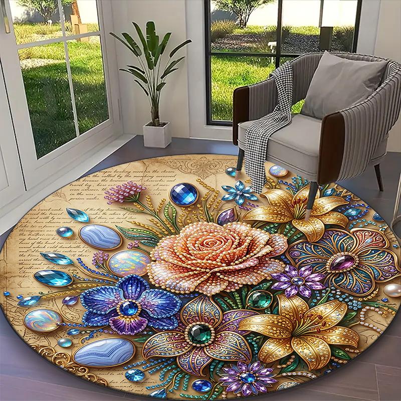 Elegant Floral Bird Flower Carpet, Non-slip Office Chair Rug, Digital Print Home Round Rug, Unique Festival Decorations