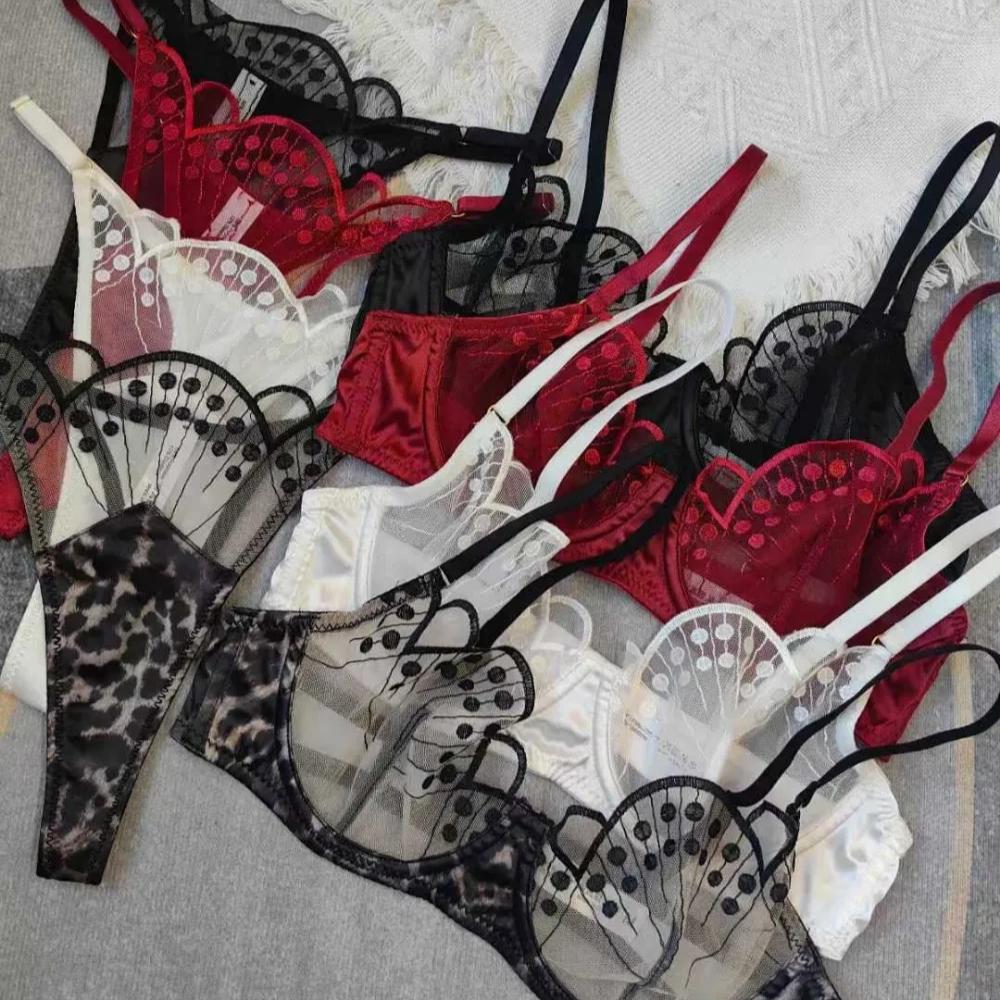 Francúzska ultratenká sieťovaná súprava spodnej bielizne Sexy výšivka Podprsenka Dámska kostica Spodná bielizeň Čipkovaná Priedušná Podprsenka a G-string Súpravy
