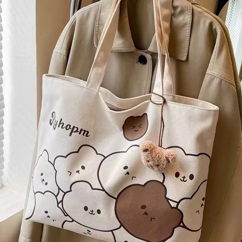 Japanese-Style One-Shoulder Tote: Women's Cartoon Canvas Bag with Zipper Pocket, Large Capacity, Versatile Handbag