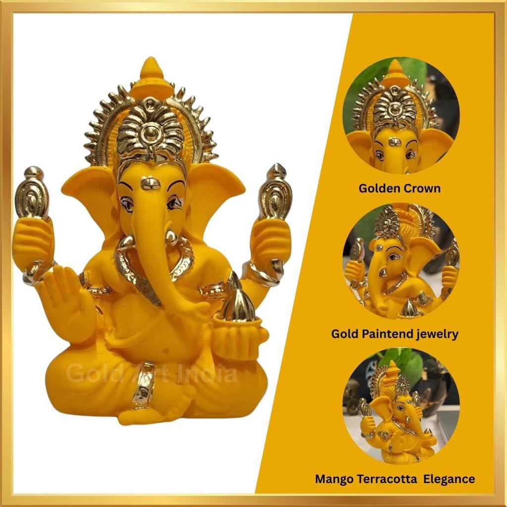 Handcrafted Mango Terracotta Ganesha with Golden Jewelry for Car Dashboard, Home/Office Decor, Gifting/Housewarming Gifts