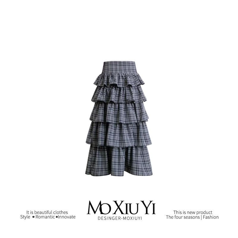 

Moxiuyi In Stock Blue-Gray Plaid Skirt Skirt S