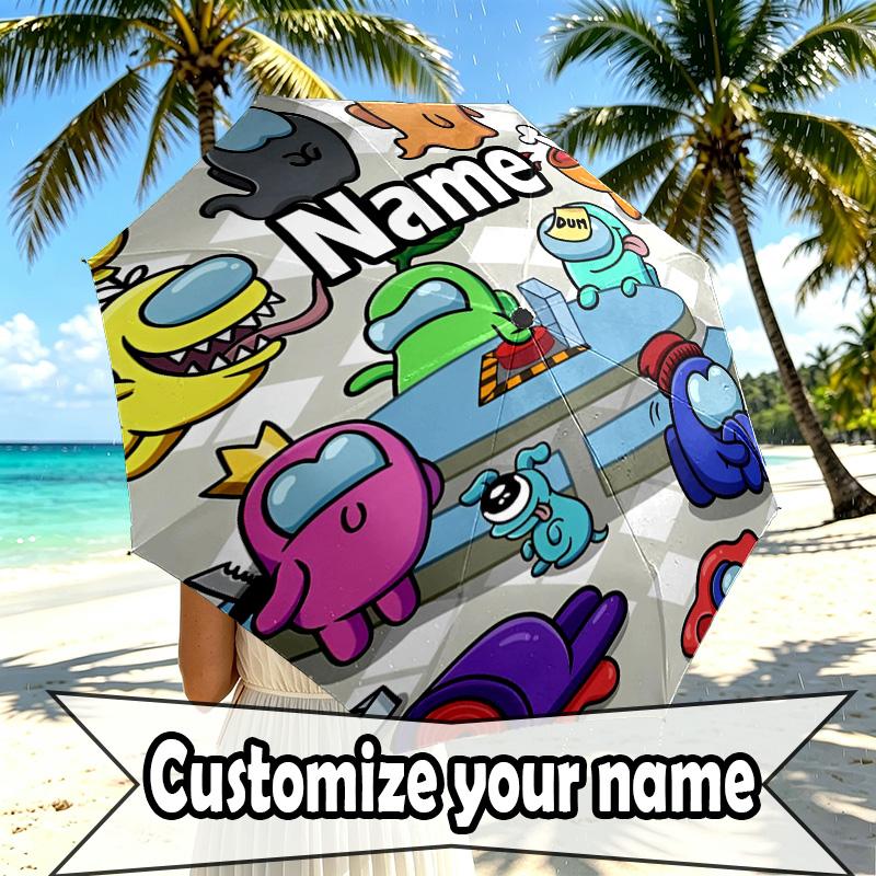 Custom Name Personalized Among Us Print Umbrella, Auto Open Close, 8‑Rib Sturdy Frame, Commute Camping Hiking Use, Birthday Gift