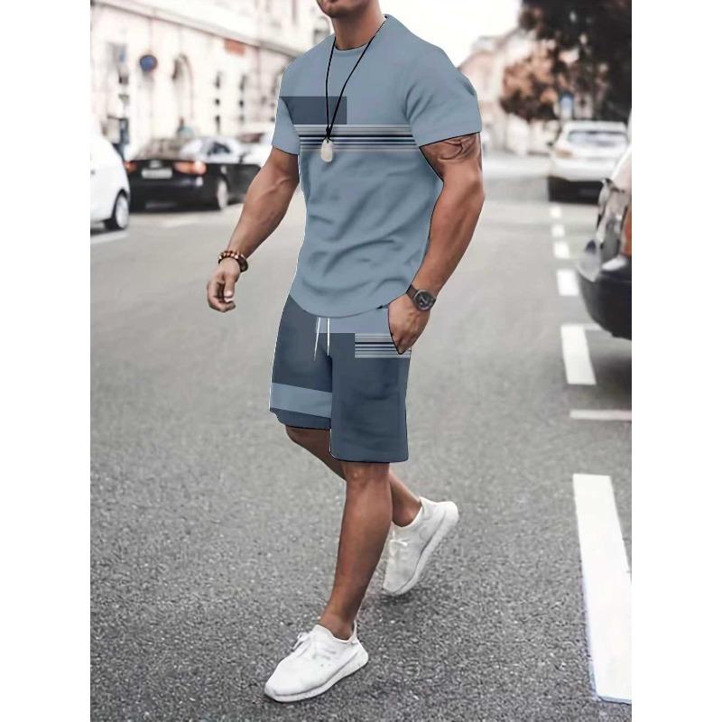 Summer  Arrival Men's Casual Two-Piece Set Striped Print Short-Sleeve Shirt and Athletic Shorts Set