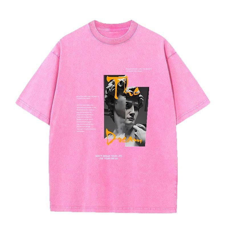 Plus Size Summer Men's and Women's 230g Cotton Sculpture Printed Vintage Washed and Aged Round Neck Short Sleeve Hip Hop T-Shirt