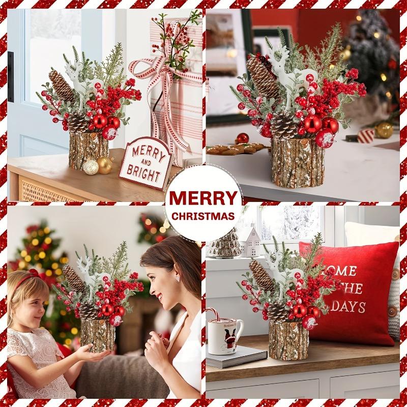 1pc Christmas Tabletop Tree Decor - Classic Snowy Pine Cone & Red Berries,Durable Holiday Centerpiece for Home/Family Gatherings