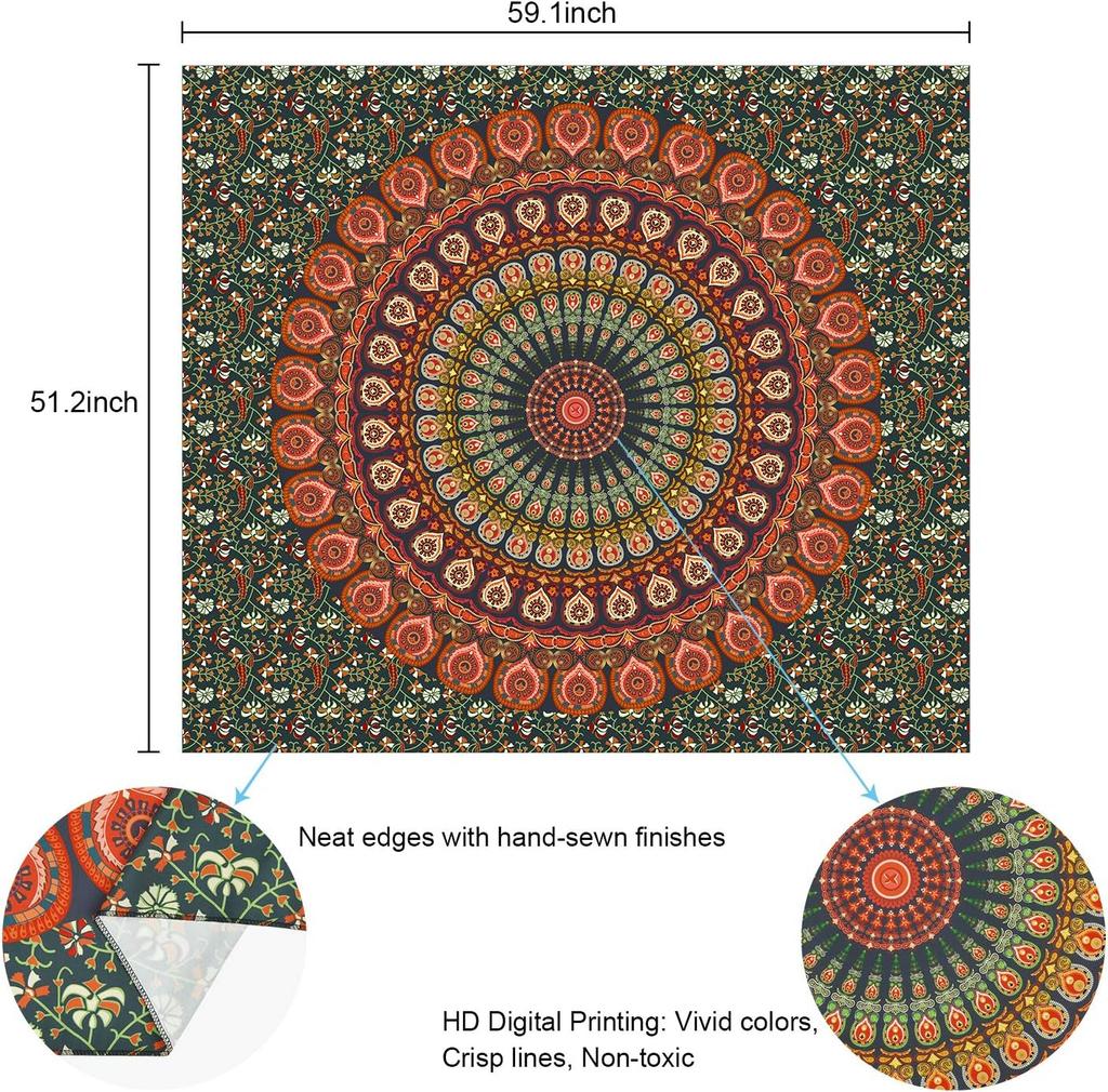 VIKAMA American Mandala Tapestry Hippie Wall Hanging Psychedelic Peacock Living Room Tea Room Wall Decoration Tapestry
