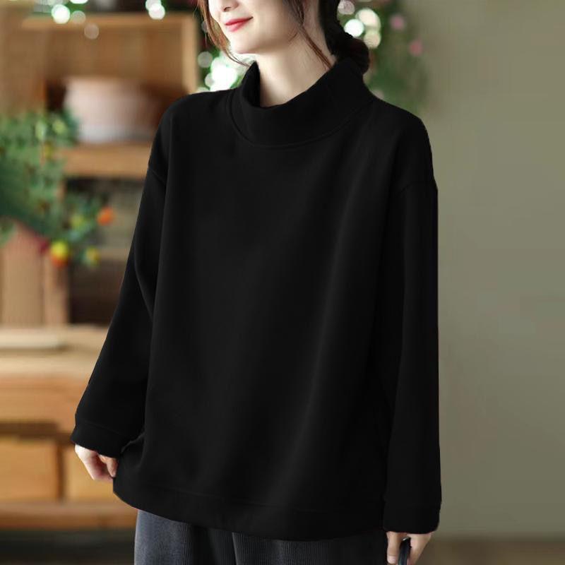 Autumn Winter Plus Velvet Thick New High Neck Long Sleeved Base Shirt Women's Loose Top Plus Size Fat MM Casual Sweatshirt