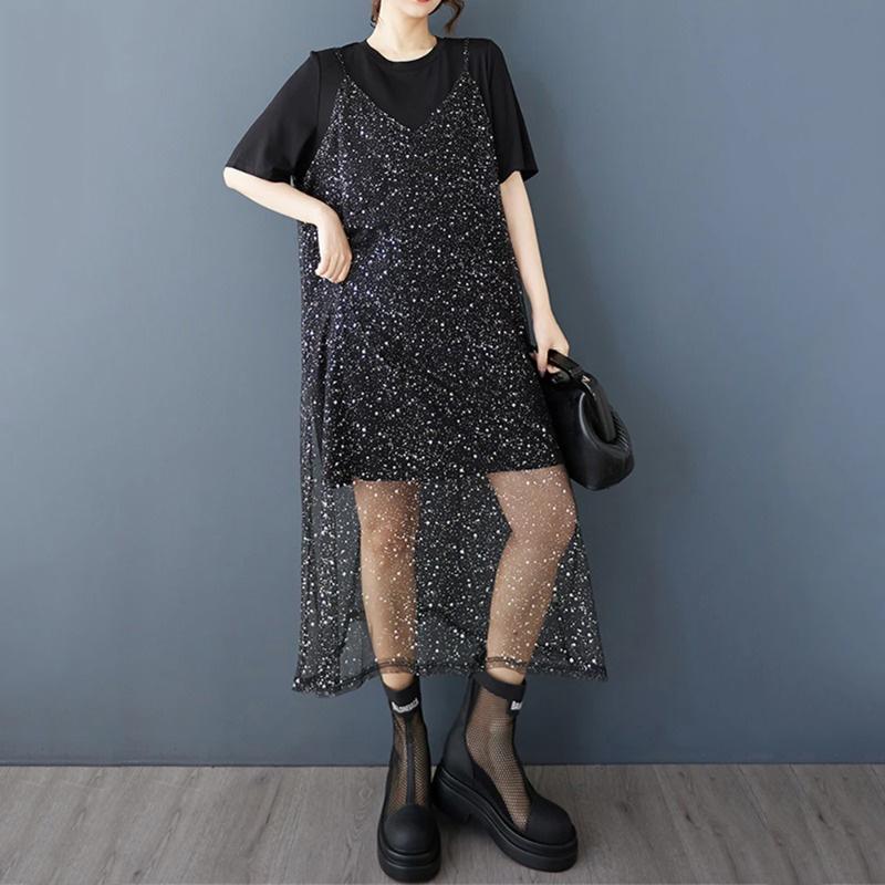 XITAO Mesh Sequin Short Sleeve Dress ZMY1194