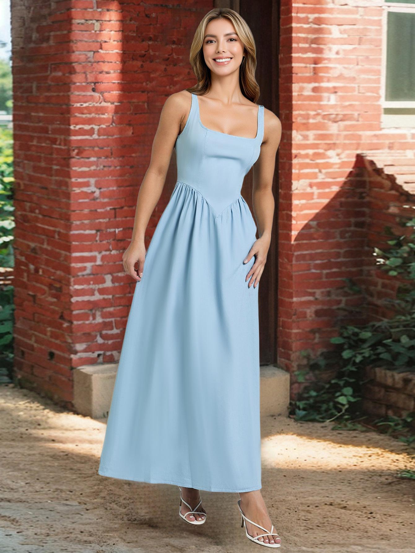 Foreign trade import and export, European and American small fresh sleeveless splicing suspender dress women s summer elegant and thin senior sense S светло-синий
