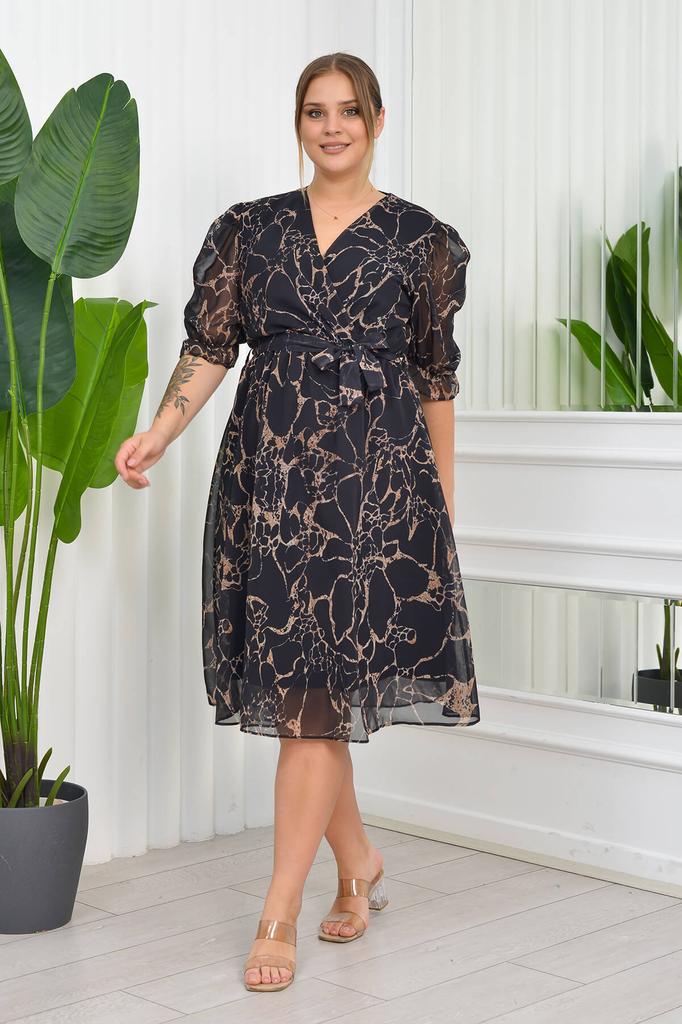 Women's Big Size Dress Plus Size Marble Patterned Chiffon Dress