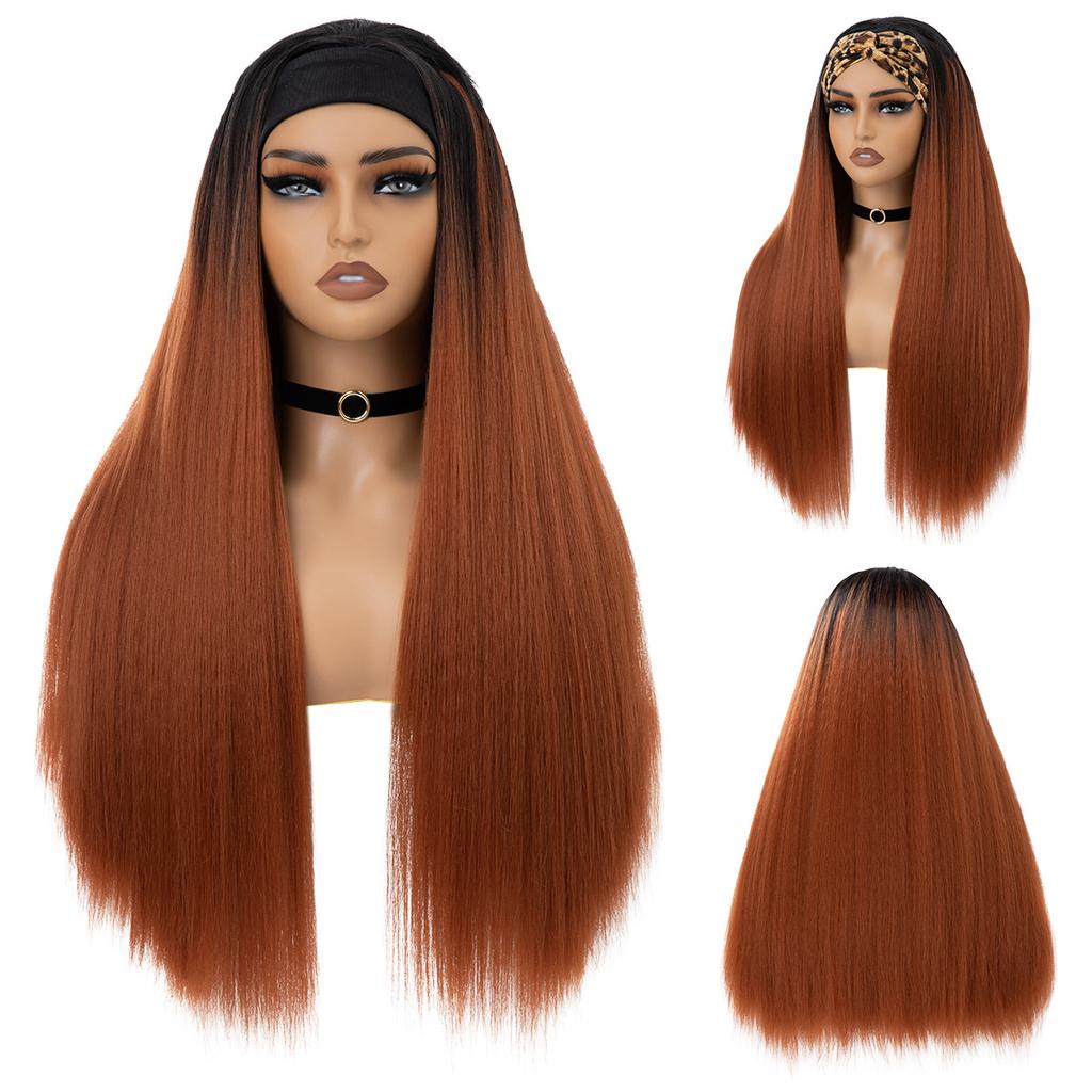 Women's Black Long Synthetic Fibre Wig Ladies Daily Use Natural Looking Fluffy Yaki Straight Style Wig with Headband