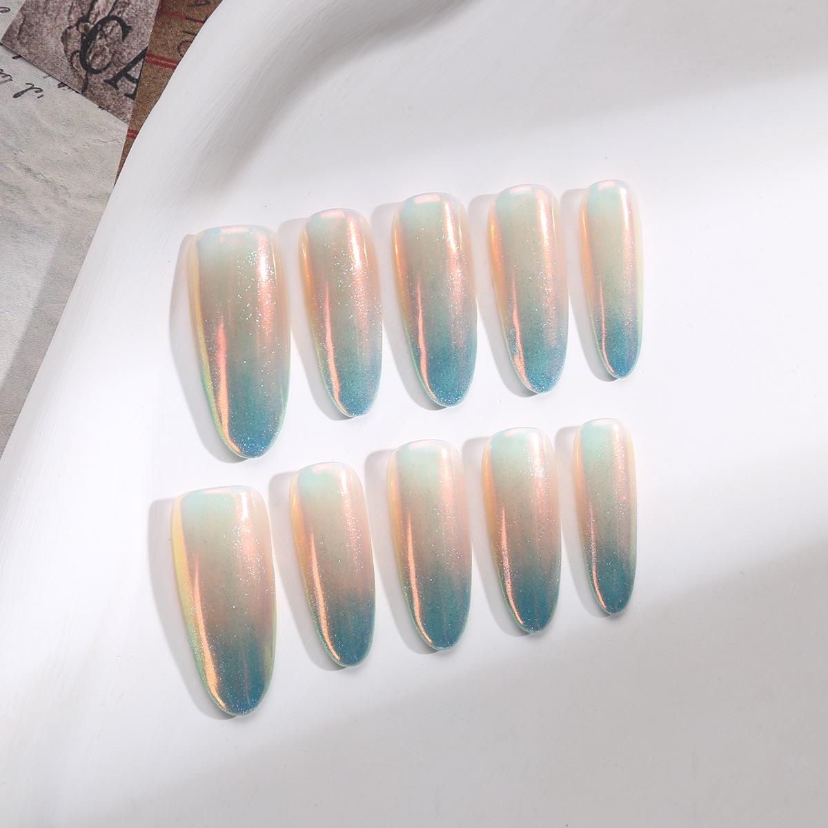 Blue Aurora Cat Eye Long Oval Wearable False Nails Medium