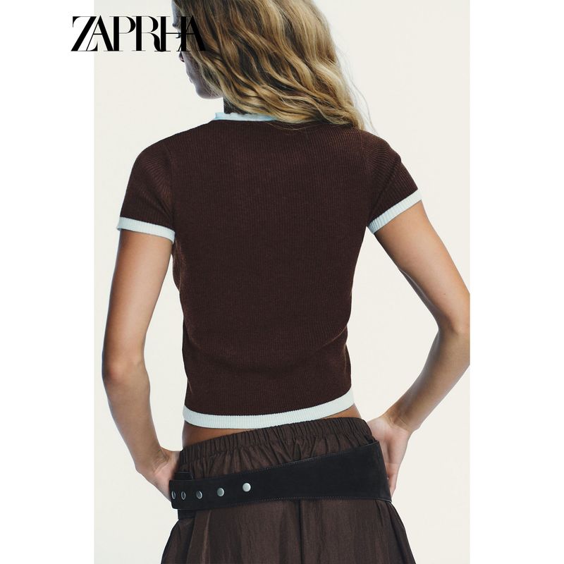 Zaprha 2025 Autumn New Beautiful Contrast Color Knitted Short Sleeve Outerwear Women Cardigan Slim Fit Slimming 0014114