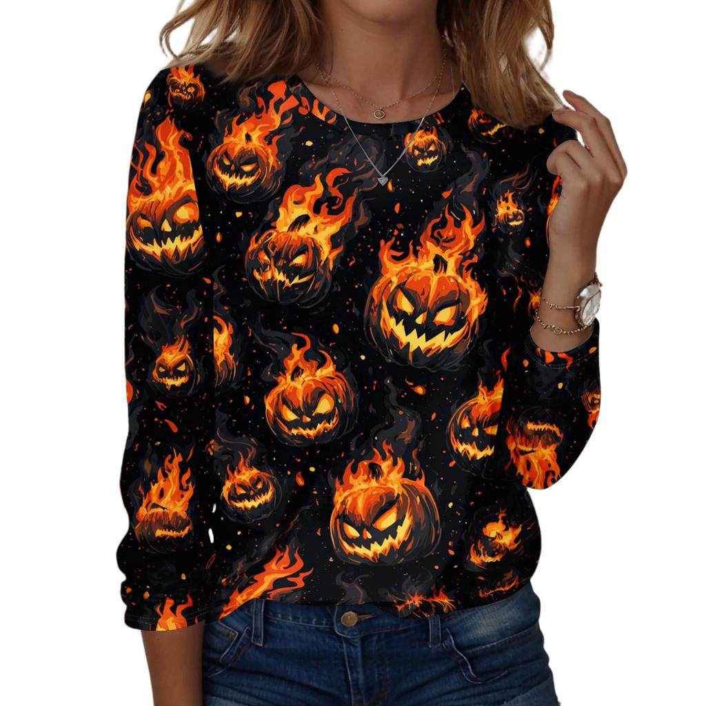 Women's Casual Long Sleeve Pullover Top Halloween Print Round Neck Shirt Lightweight Comfortable Fit for Daily Wear