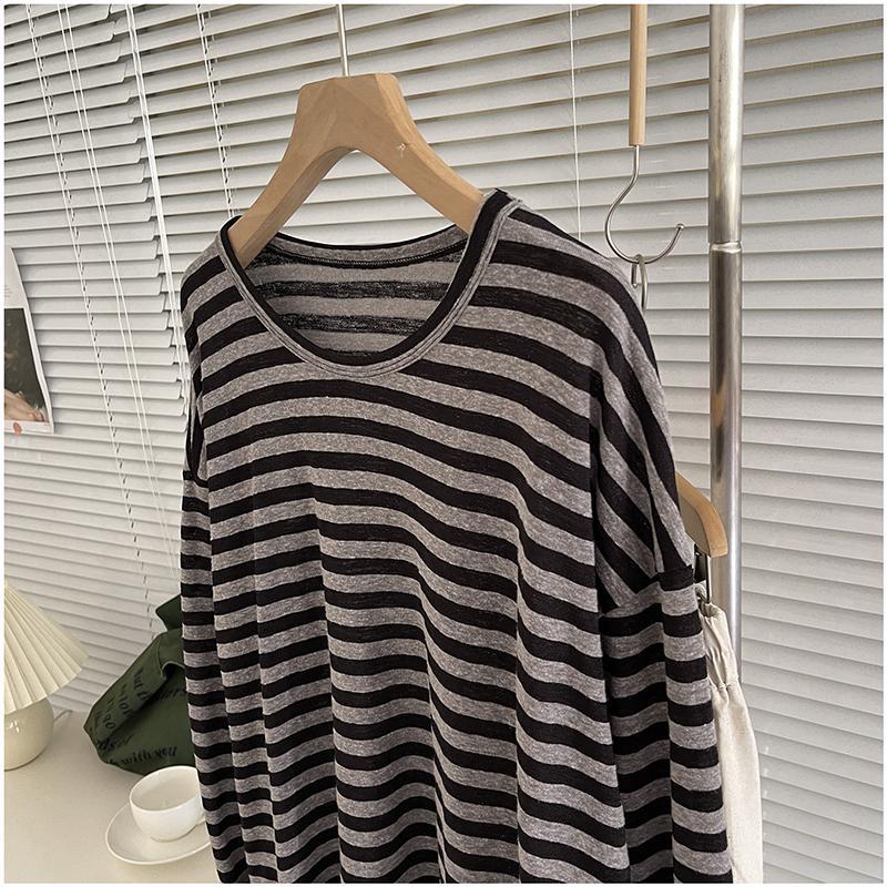 Women's Striped Long Sleeve T Shirt Loose O Neck Tops Retro Female Tees Bottoming Base Shirt