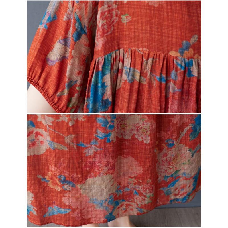 DIMANAF 2025 Women Plus Size Vintage Summer Dress Floral Short Sleeve Casual Basic New Printing Dress Loose Long Dress