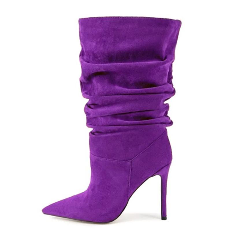Soleist Stivali Alti da Donna con Tacco a Spillo Pieghettati Punta Affusolata 35-47 Scarpe Taglie Grandi Stivali da Donna di Media Lunghezza Autunno e Inverno