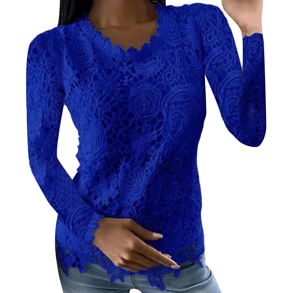 

Женские топы Футболки с длинным рукавом Кружевные облегающие блузки Туники с круглым вырезом Топы Осенняя рубашка Свободный пуловер Блузка 4XL синий