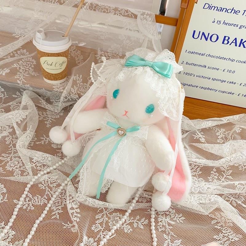 Lolita Plüsch Hasen Tasche mit Schleife, Perlenkette und Herz Design - Süße Girly Umhängetasche