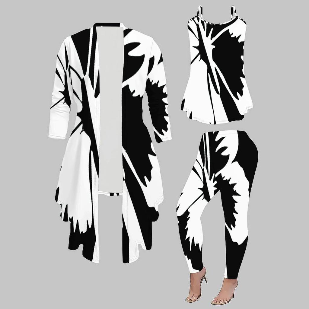 Plus Size Butterfly Print 3 Piece Outfit, Long Sleeve Open Front Cardigan Cami Top Leggings Set for Women
