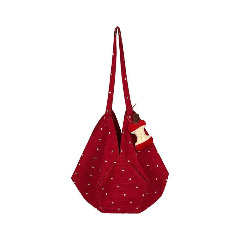 Korean floral polka dot red envelope canvas bag 2025 new large-capacity portable tote bag lazy wind shoulder bag