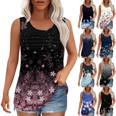 Tanktop für Damen, Sommer-Outfits, ärmellos, bedruckte Blusen, lässige, lockere Hemden, Rundhalsausschnitt, plissierte Vorderseite