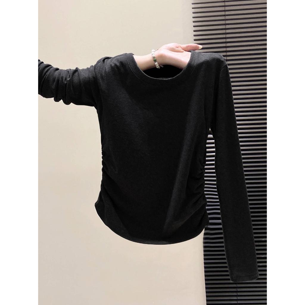 Vielseitiges Damen-Einfarbiges Rundhals-Schmal geschnittenes T-Shirt - Langarm, Raffung, Gebürstete Basisschicht für Frühling, Herbst, Winter.