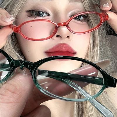 Damen Retro Ovale Brille Y2K Japanische und Koreanische Mädchen Roter Grüner Rahmen Glas Brillen Dekorativ Computer Blaulichtfilterbrille