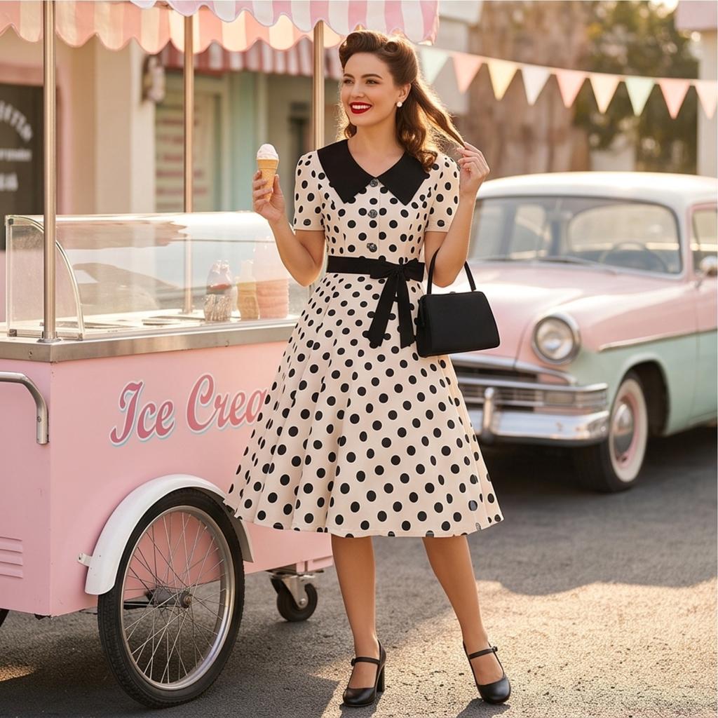 Damen Casual Polka Dot Print Kurzarm Midi Kleid mit Kragen - Leicht für den Sommer