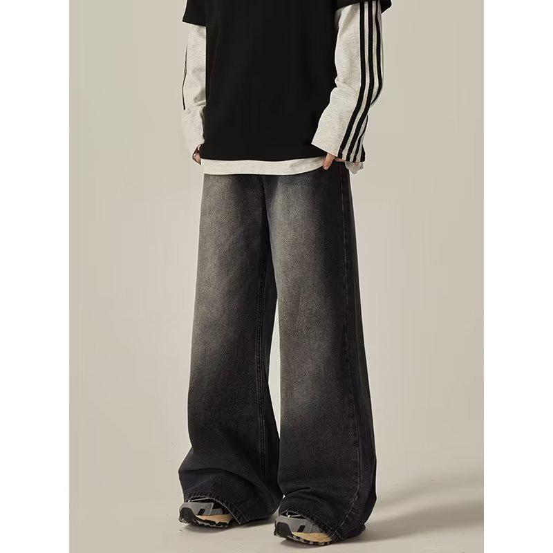 2024 Washed Black Men's Wide-Leg High-Waist Jeans - Loose Straight-Leg Casual Pants for Spring & Autumn, American Trend Style.