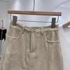 2024 Autumn Women's High-Waisted Corduroy A-Line Mini Skirt with Button, Slit, and Anti-Exposure Design - Korean Style Versatile Bodycon.
