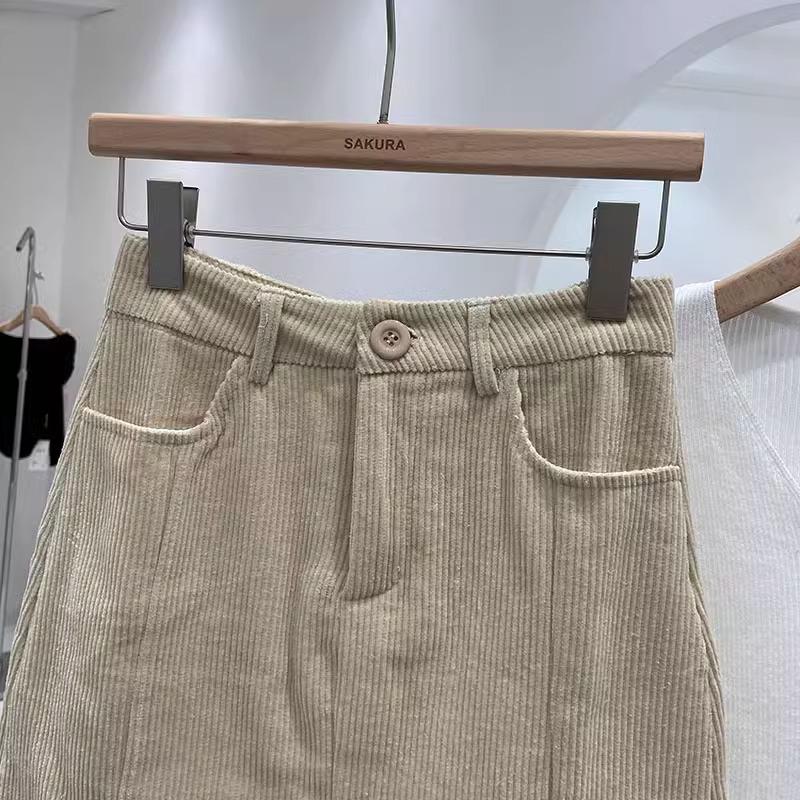 2024 Autumn Women's High-Waisted Corduroy A-Line Mini Skirt with Button, Slit, and Anti-Exposure Design - Korean Style Versatile Bodycon.