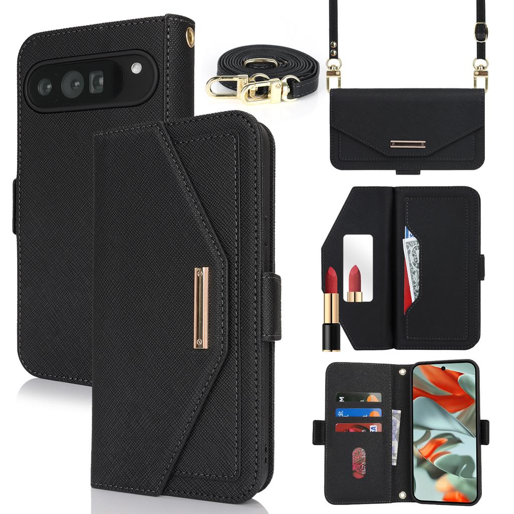 Crossbody Cards Solt Wallet Leather Case For Google Pixel 9 Pro XL 8 8A 6A 7 7A Long Lanyard Book Flip Makeup Mirror Bag Cover