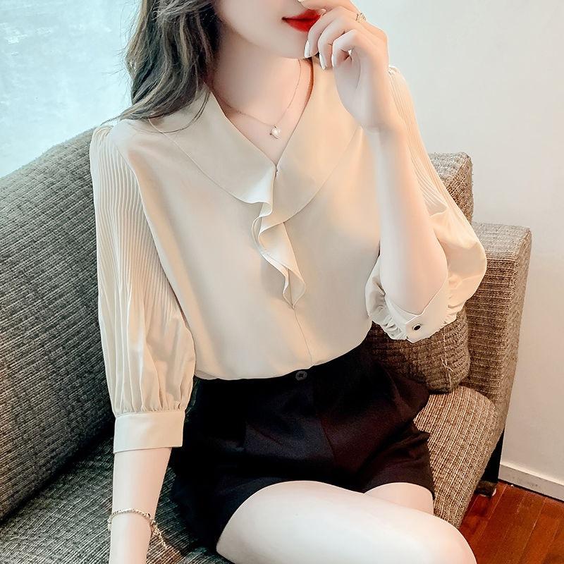 Summer New Style Ruffled V-neck Chiffon Shirt Women's Short-sleeved Fashion T-shirt Versatile Top