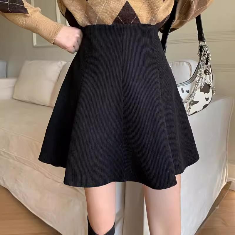 Women s High Waist A Line Skirt Corduroy Mini Skirt Loose Fit Commuter Solid Color Flared Pleated Anti Chafing Short Skirt XS